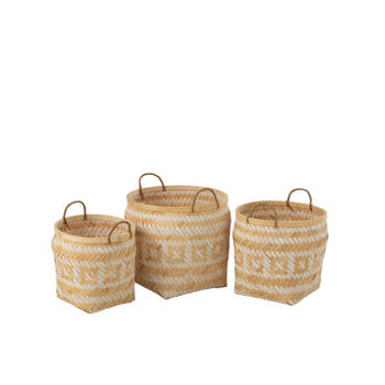 J-line - Set Van 3 Mand Patronen Handvaten Bamboe Naturel/wit - 40x40x37cm