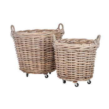 J-line - Set 2 Mand Rond+handvat Riet Naturel 75x60cm - 75x75x82cm