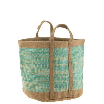 J-line - Mand Rond Met Handvaten Jute Naturel/azuur - 60x40x40cm