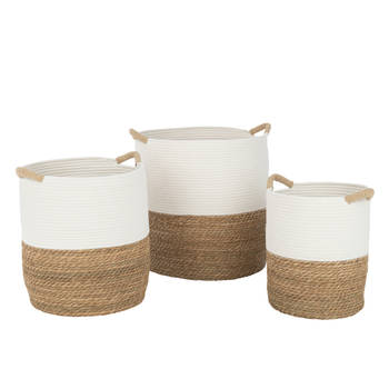 J-line - Set Van 3 Mand Rond Handvatten Textiel Wit/naturel - 37x38x45cm