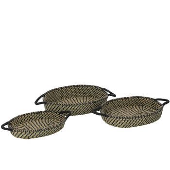 J-line - Set Van 3 Mand Ovaal Handvatten Stro Naturel/zwart - 57x34x11cm