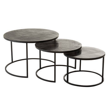 J-line - Set 3 Bijzettafels Rond Oxidize Aluminium/ijzer Antiek Zwart/groen - 75.5x75.5x40cm