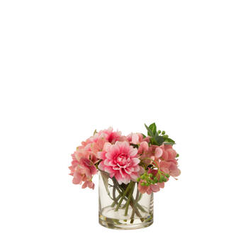 J-line - Dahlia Hydrangea In Vaas Plastiek/glas Roze - 20x20x25cm