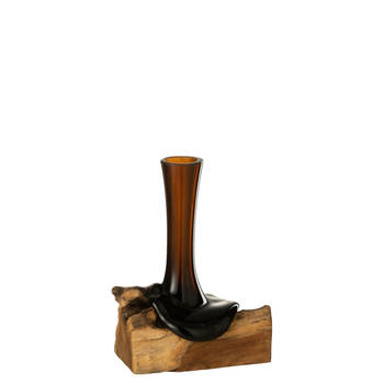 J-line - Vaas Op Voet Hoog Gamal Hout/gerecycleerd Glas Natuur/bruin Large - 25x20x29cm