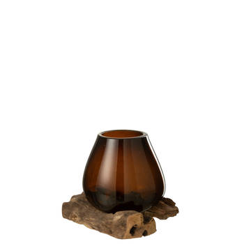 J-line - Vaas Op Voet Gamal Hout/gerecycleerd Glas Natuur/bruin Large - 23x19x19cm