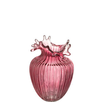 J-line - Vaas Bloem Lijnen Glas Donker Roze Small - 14.5x14.5x21cm