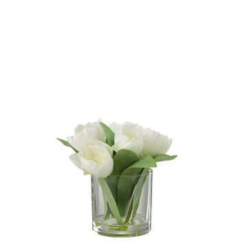 J-line - Tulpen In Vaas Rond Plastiek Glas Wit Small - 17x16x19cm