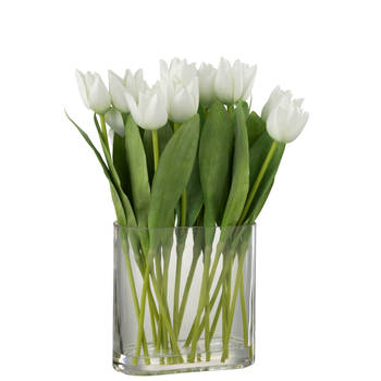 J-line - Tulpen In Vaas Ovaal Plastiek Glas Wit - 19x12x38cm