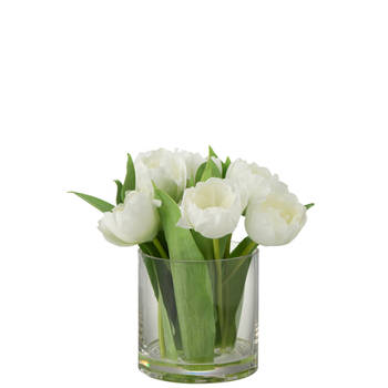 J-line - Tulpen In Vaas Rond Plastiek Glas Wit Large - 20x18.5x22.5cm