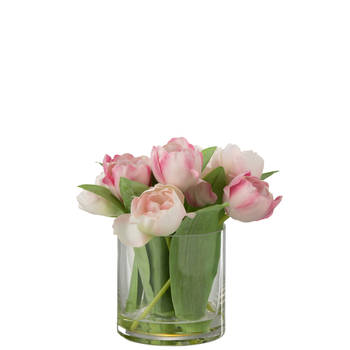 J-line - Tulpen In Vaas Rond Plastiek Glas Roze Large - 20x18x22cm