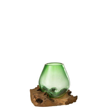 J-line - Vaas Op Voet Gamal Hout/gerecycleerd Glas Natuur/groen Medium - 23x19x19cm