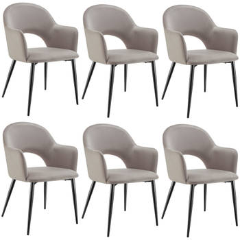 tectake® - Fauteuil Sachel - Eetkamerstoel - Set van 6 - Fluweellook - Gestoffeerd - Taupe