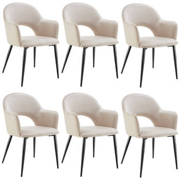 tectake® - Fauteuil Sachel - Eetkamerstoel - Set van 6 - Fluweellook - Gestoffeerd - Creme