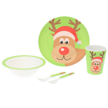 Kerst servies setje - 5-delig - groen met rendier - voor kinderen - Serviessets