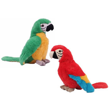 Knuffeldier Papegaaien - set 2x - zachte pluche stof - premium knuffels - groen/rood - 24 cm - Vogel knuffels