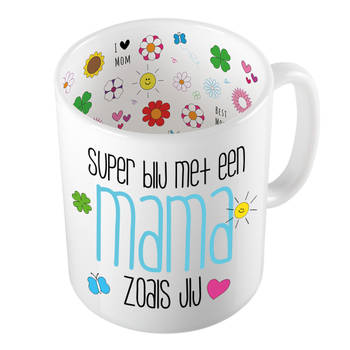 Bellatio Decorations Cadeau koffie/thee mok voor mama - blauw - super blij met mama - Moederdag - feest mokken