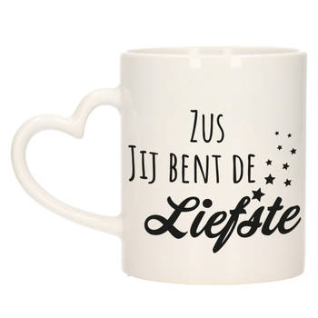 Bellatio Decorations Cadeau koffie/thee mok voor zus - zwart - hartjes oor - keramiek - 300 ml - feest mokken