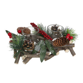 Gerimport Kerststukje - 20 cm - met theelichthouders - tafeldecoratie - Kerststukjes