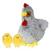 Pluche kip knuffel - 30 cm - grijs - met 2x gele kuikens 7 cm - kippen familie - Vogel knuffels