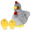 Pluche kip knuffel - 30 cm - grijs - met 2x gele kuikens 9 cm - kippen familie - Vogel knuffels