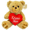 Valentijn I Love You knuffel beertje - zachte pluche - rood hartje - cadeau - 26 cm - lichtbruin - Knuffelberen