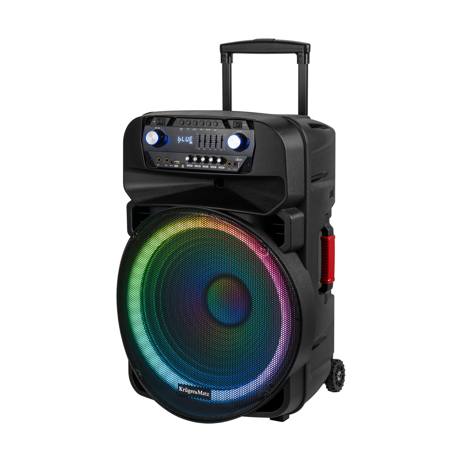 Krüger & Matz KM1718 Mobiele Actieve Luidspreker Party Speaker Box LED ring (met 2 UHF draadloze microfoons, SD, Bluetooth 5.0 , FM, USB) 60 Watt zwart