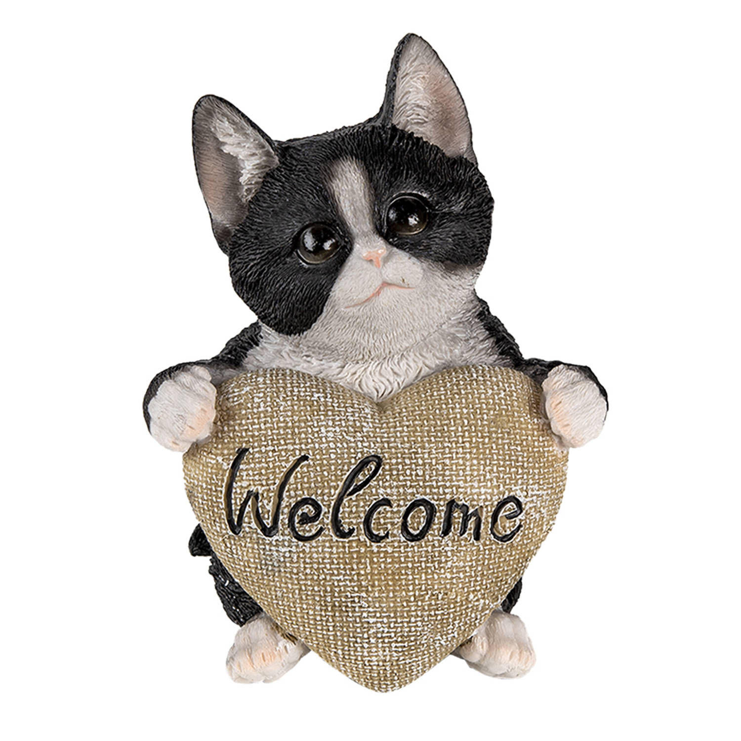 HAES DECO - Beeld Kat 12x9x15 cm Zwart Kunststof Welcome Woonaccessoires beeld decoratie Decoratieve Accessoires