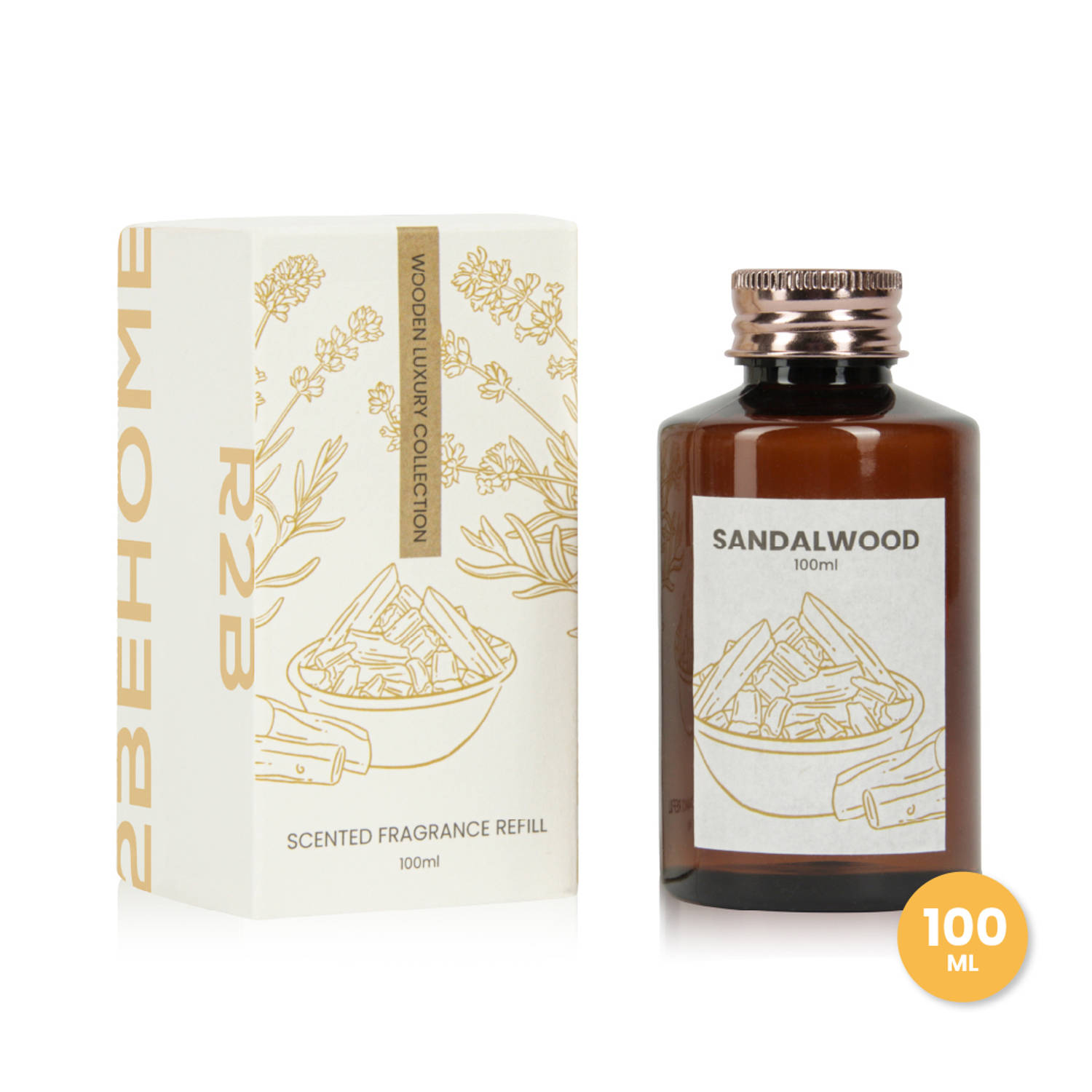 2BEHOME® Geurstokjes Navulling - Sandalwood - 100 ml - Wooden Luxury Collection - Geurverspreider - Huisparfum - Luchtverfrisser