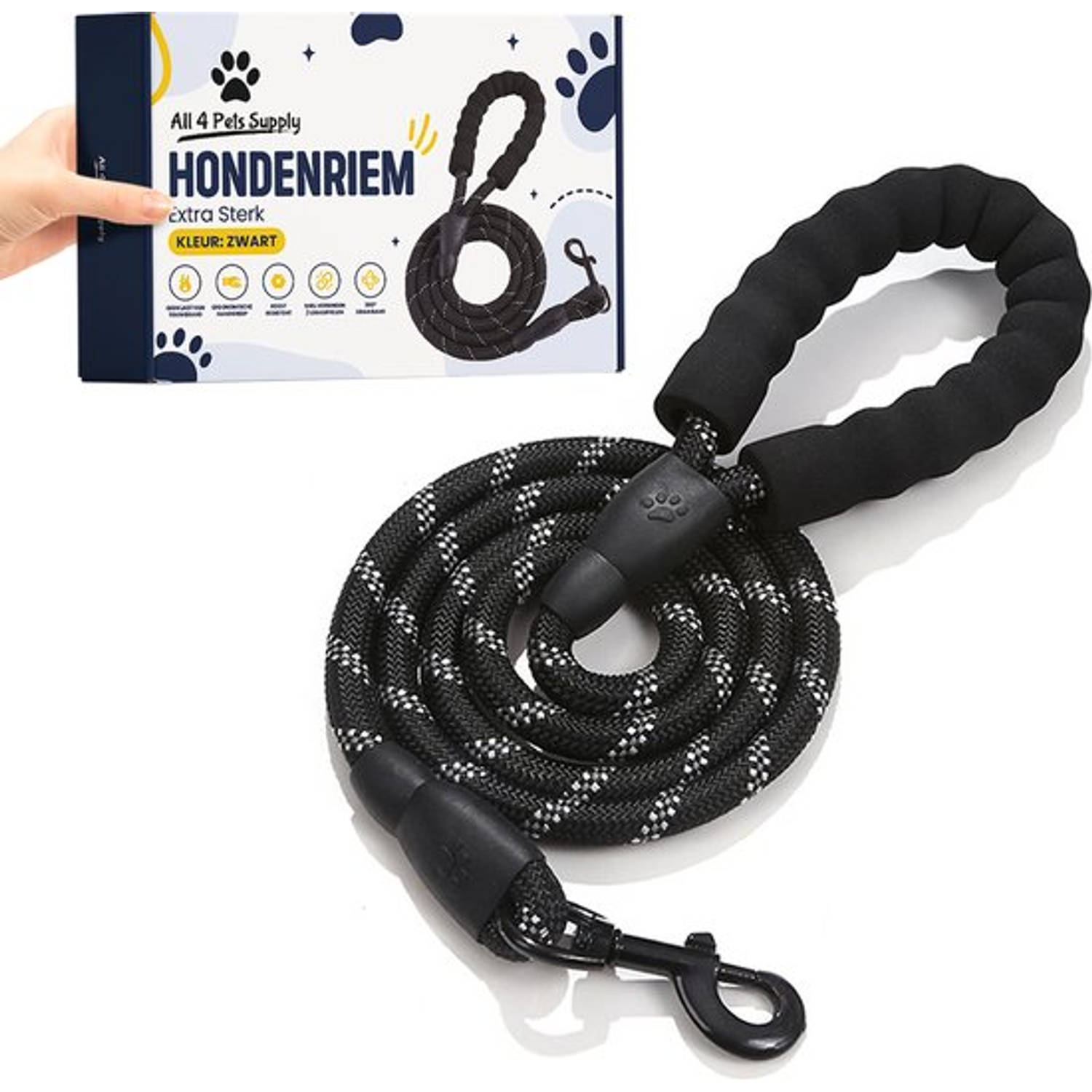 All 4 Pets Supply® Reflecterende Hondenriem - 1,5 meter - Zwart