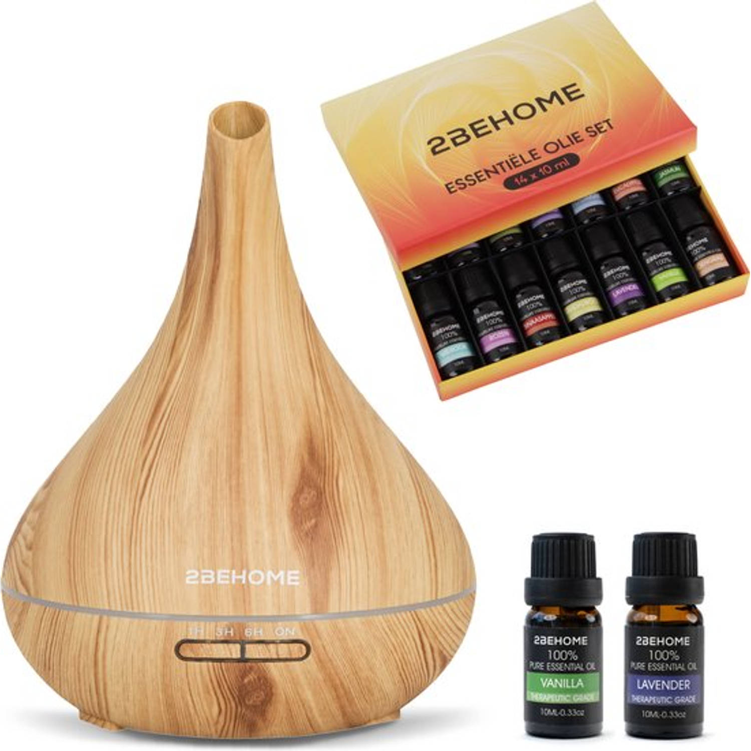 2BEHOME® Aroma Diffuser 550ML met Afstandsbediening - Incl. 16 Etherische Oliën - Lichte Houtlook - 7 LED Kleuren - Aromadiffusers Luchtbevochtiger - Geurverspreider