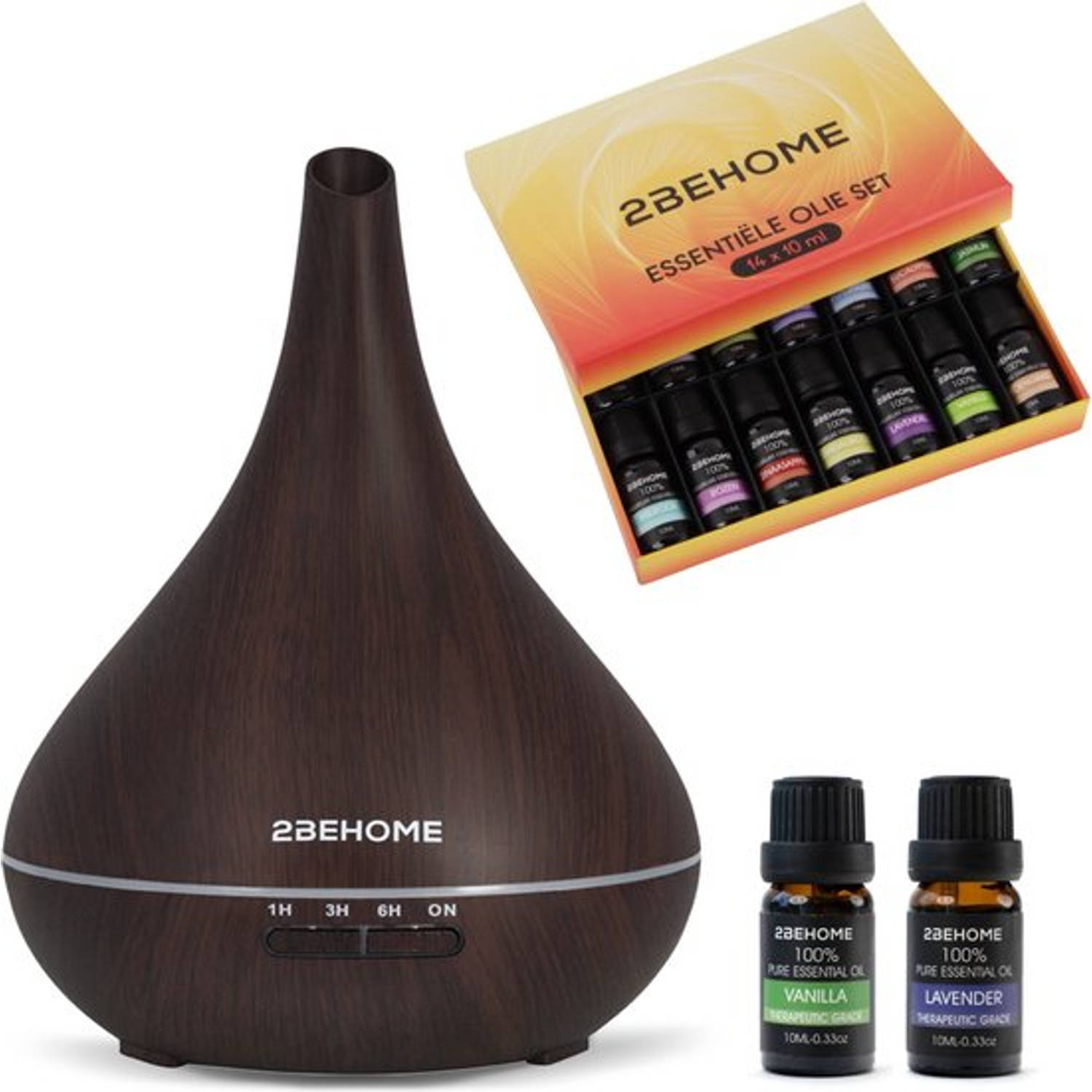 2BEHOME® Aroma Diffuser 550ML met Afstandsbediening - Incl. 16 Etherische Oliën - Donkere Houtlook - 7 LED Kleuren - Aromadiffusers Luchtbevochtiger - Geurverspreider