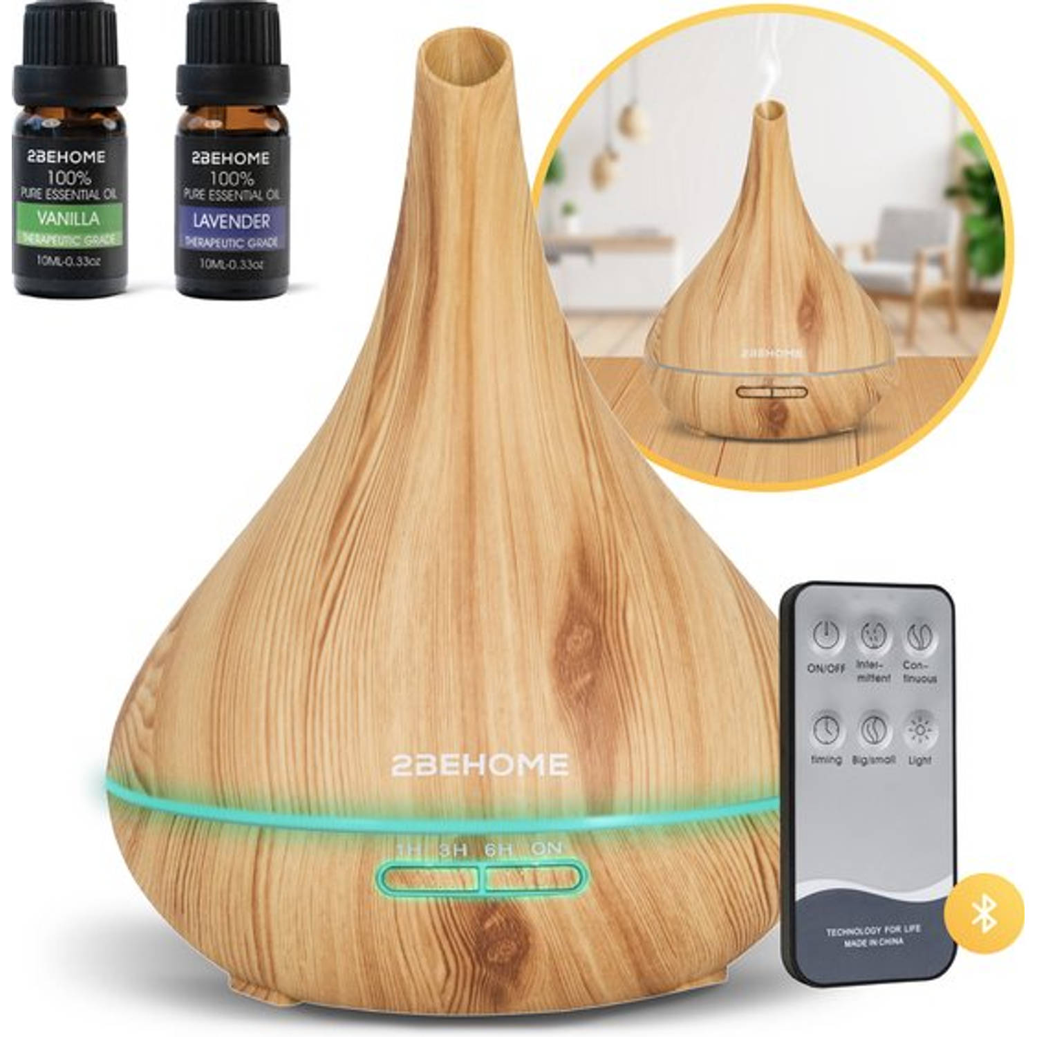 2BEHOME® Aroma Diffuser 550ML met Afstandsbediening - Incl. 2 Etherische Oliën - Lichte Houtlook - 7 LED Kleuren - Aromadiffusers Luchtbevochtiger - Geurverspreider