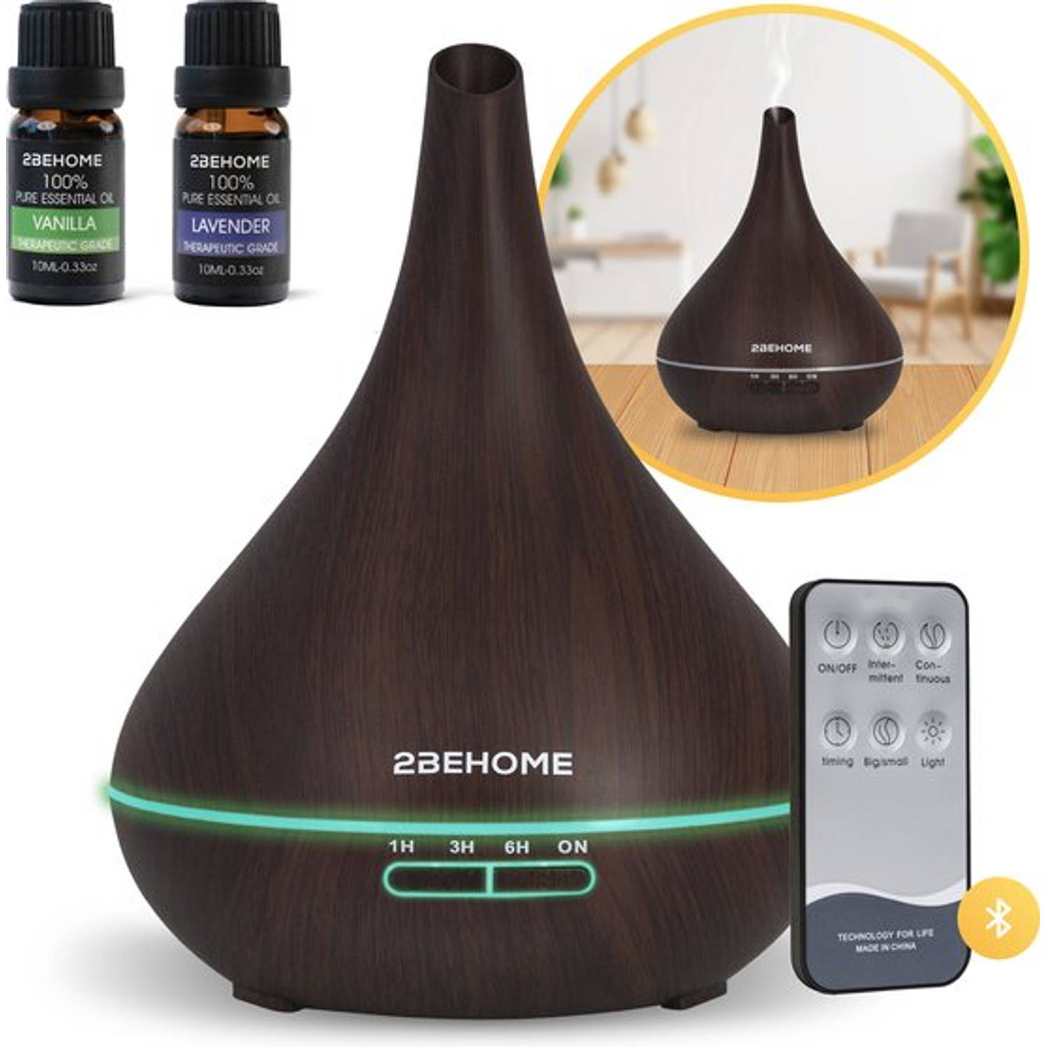 2BEHOME® Aroma Diffuser 550ML met Afstandsbediening - Incl. 2 Etherische Oliën - Donkere houtlook - 7 LED Kleuren - Aromadiffusers Luchtbevochtiger - Geurverspreider