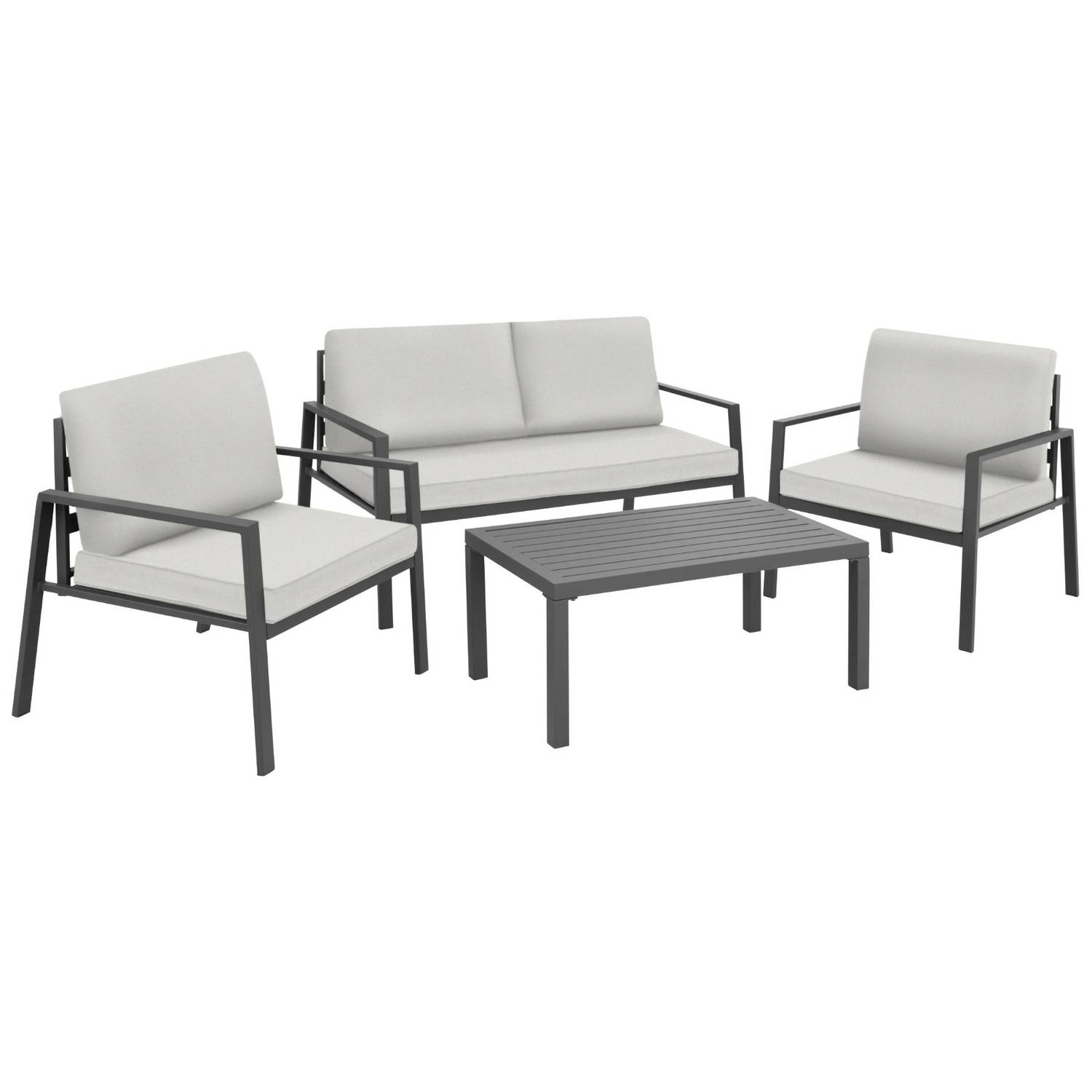 tectake® aluminium loungeset met 2 fauteuils, 1 bank, 1 bijzettafel - outdoor - tuinset met kussens - loungemeubelset voor balkon - tuin, wintertuin, terrasmeubilair - lichtgrijs