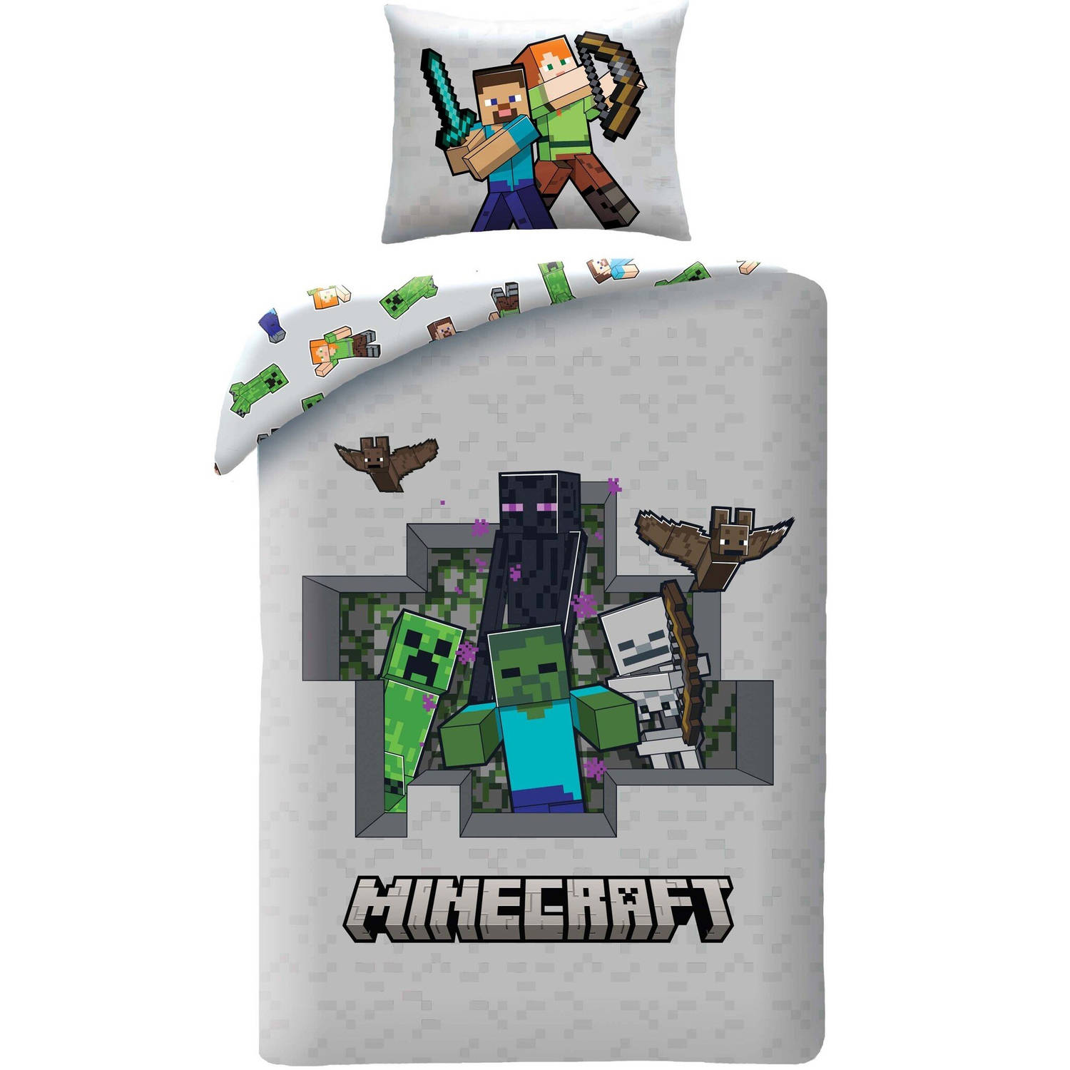 Minecraft Dekbedovertrek, Steve & Alex - 140 x 200 + 70 x 90 cm - Polyester