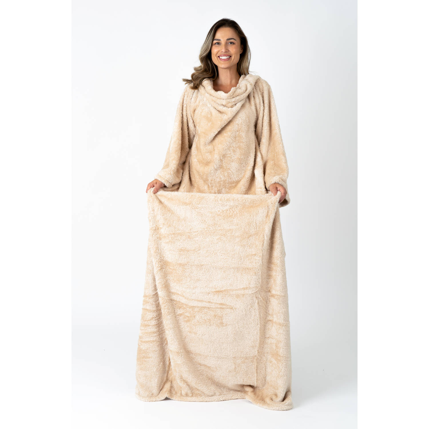 Snuggie - Deken met Mouwen - Snuggle - Hoodie Blanket - Snug Rug - Fleece - Sherpa - TV - Dames en Heren - Plaid - Volwassenen - 180 x 130 cm - Licht Bruin / Crème