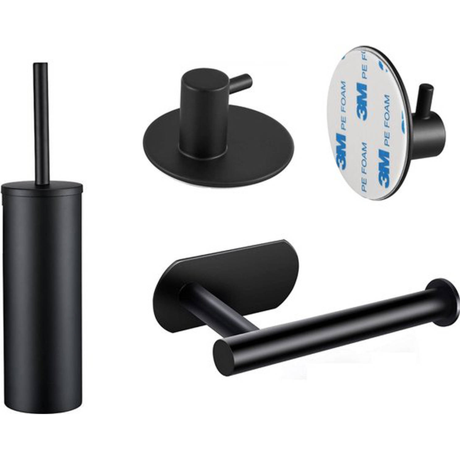 4-delige Toilet Accessoires Set - Zwart - Toiletrolhouder - Toiletborstel - Handdoekhaakjes Zelfklevend