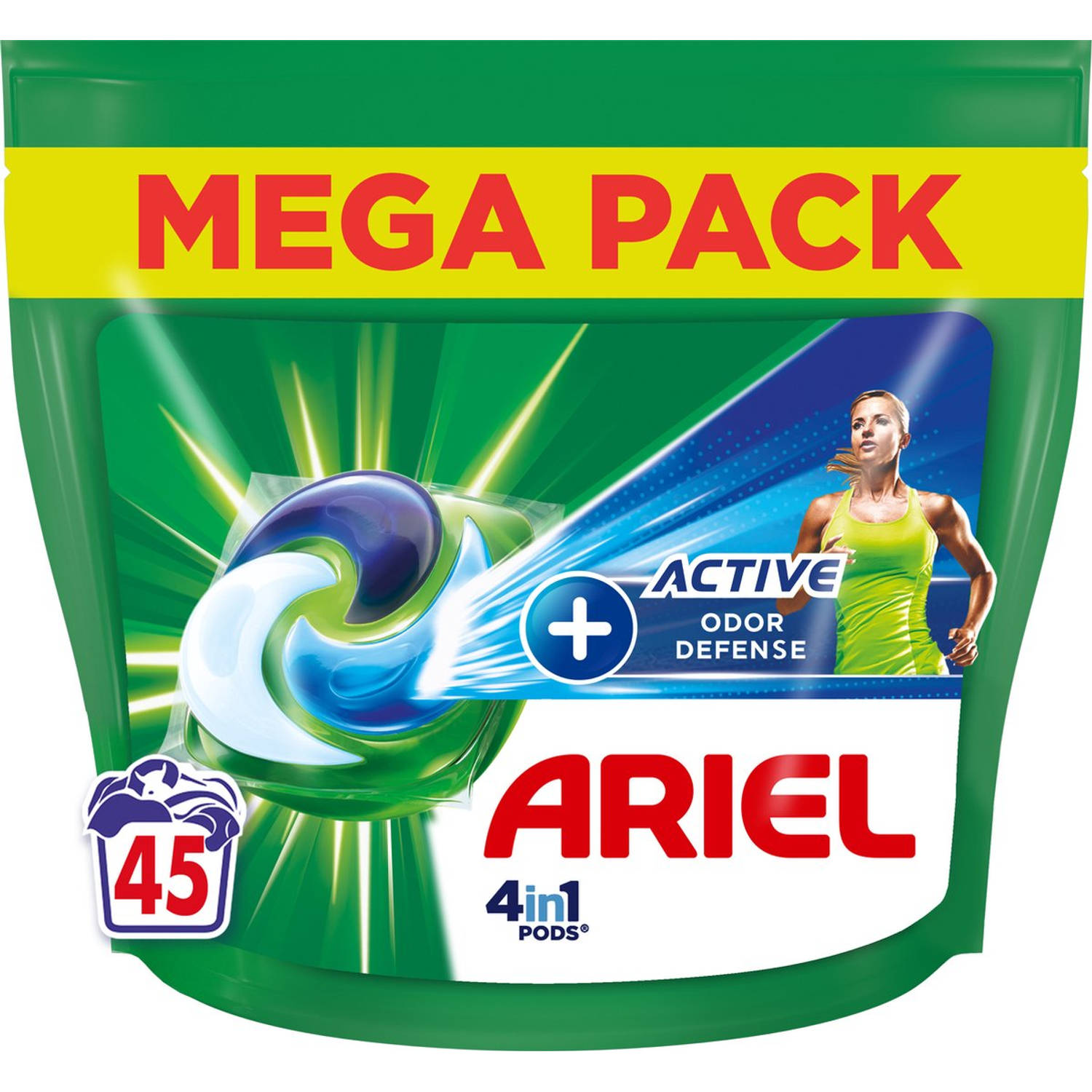 Ariel 4in1 Wasmiddel Pods +Active Odor Defense Vleugje Ambi Pur 45 Capsules