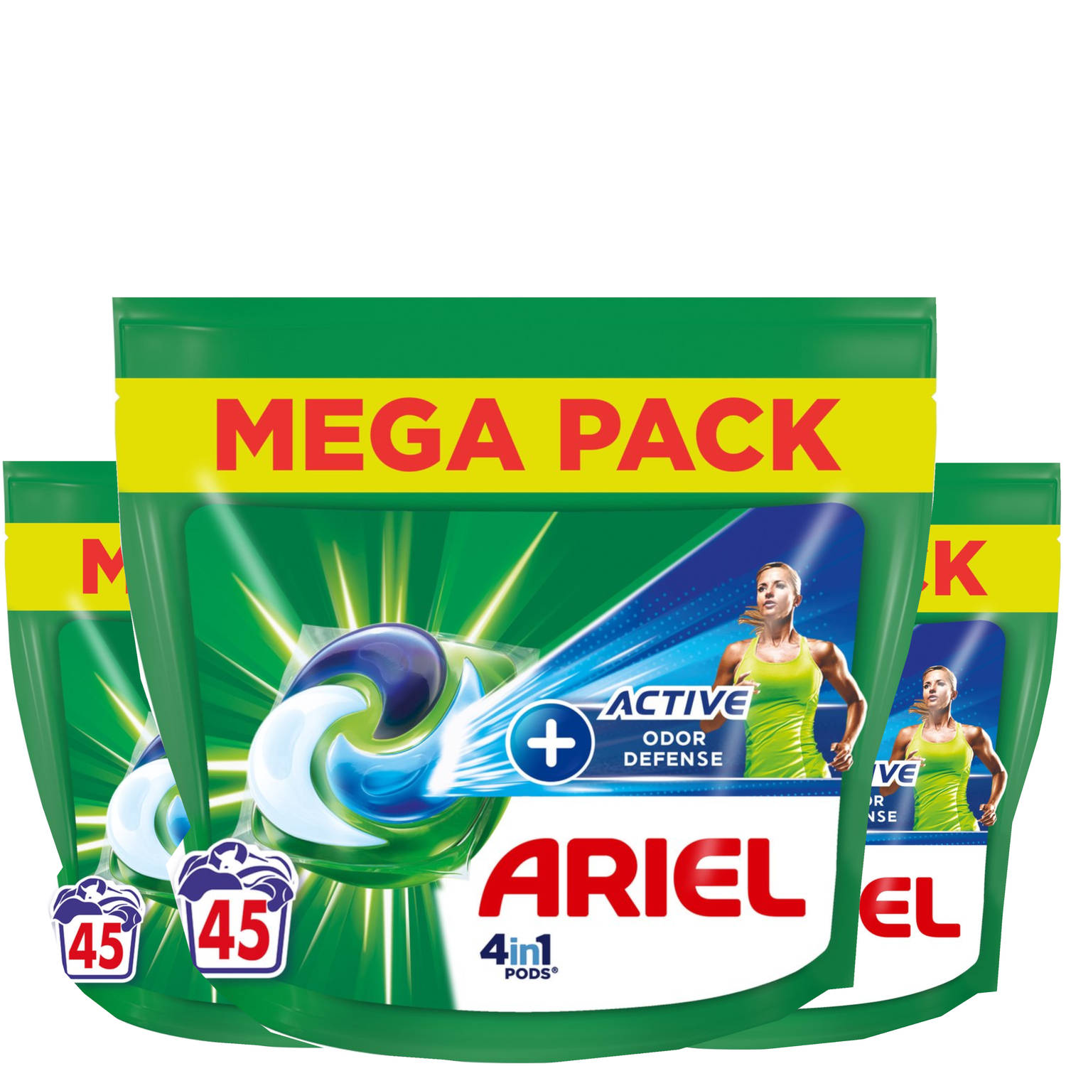 Ariel 4in1 Wasmiddel Pods +Active Odor Defense Vleugje Ambi Pur 3x45 Capsules