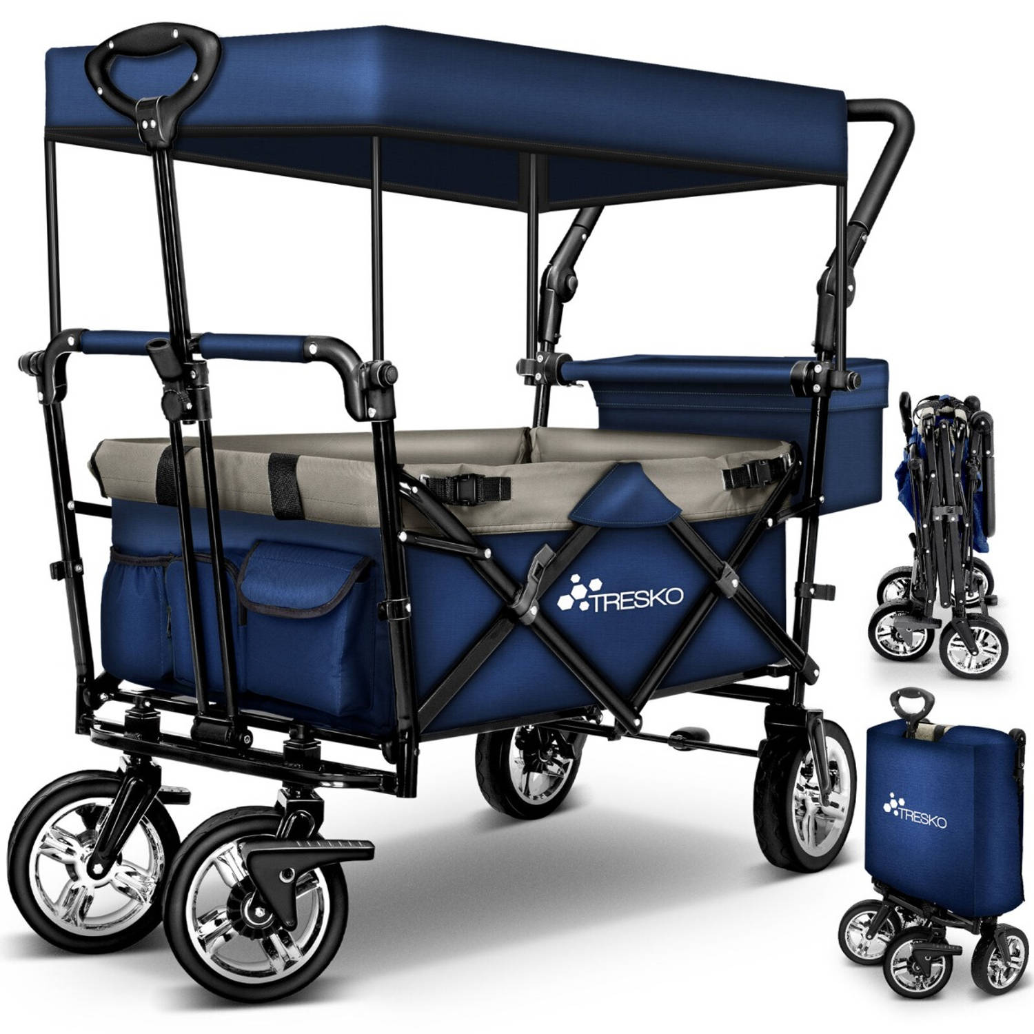 Tresko- Bolderkar, Blauw, vouwbaar, met dakje, geschikt tot 80 kg - Bolderwagen - Kinderenvervoer - Bolderkarren - Tuinkar - Kinderwagen