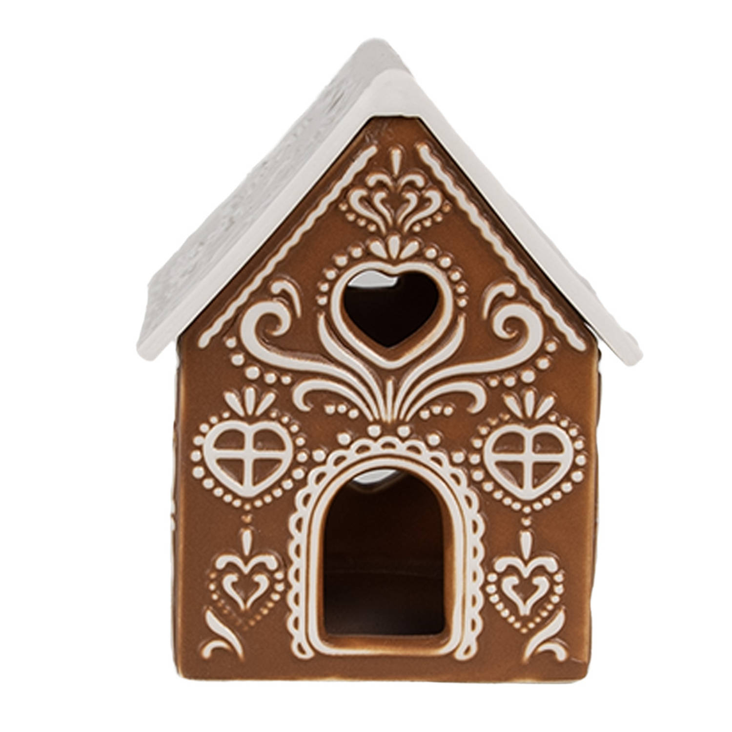 Clayre & Eef Waxinelichthouder Gingerbread house 7x6x9 cm Bruin Porselein Theelichthouder