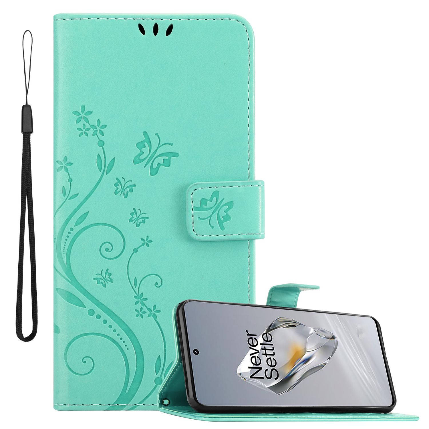 Cadorabo Hoesje geschikt voor OnePlus 12 in BLOEMEN TURKOOIS - Beschermhoes in bloemmotief met magnetische sluiting, standfunctie en kaartsleuven Book Case Cover Etui