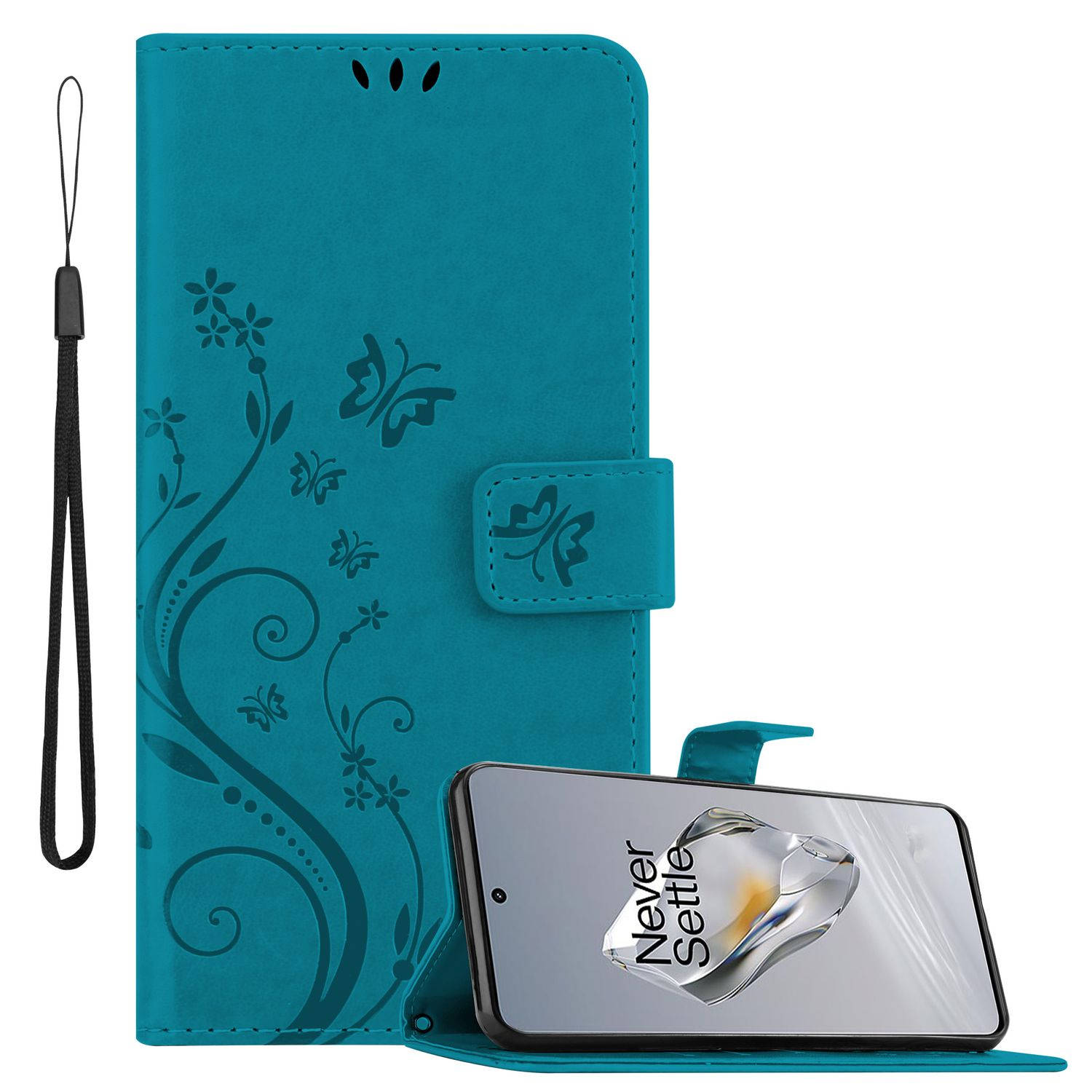 Cadorabo Hoesje geschikt voor OnePlus 12 in BLOEMEN BLAUW - Beschermhoes in bloemmotief met magnetische sluiting, standfunctie en kaartsleuven Book Case Cover Etui