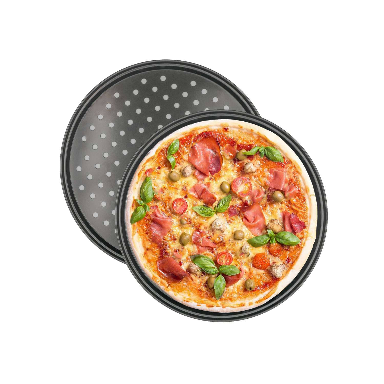 Intirilife 2x Ronde pizzaplaat van koolstofstaal, in Zwart - 32 x 1.5 cm - Ronde bakplaat voor pizza, knapperige plaat, geperforeerd, anti-aanbak