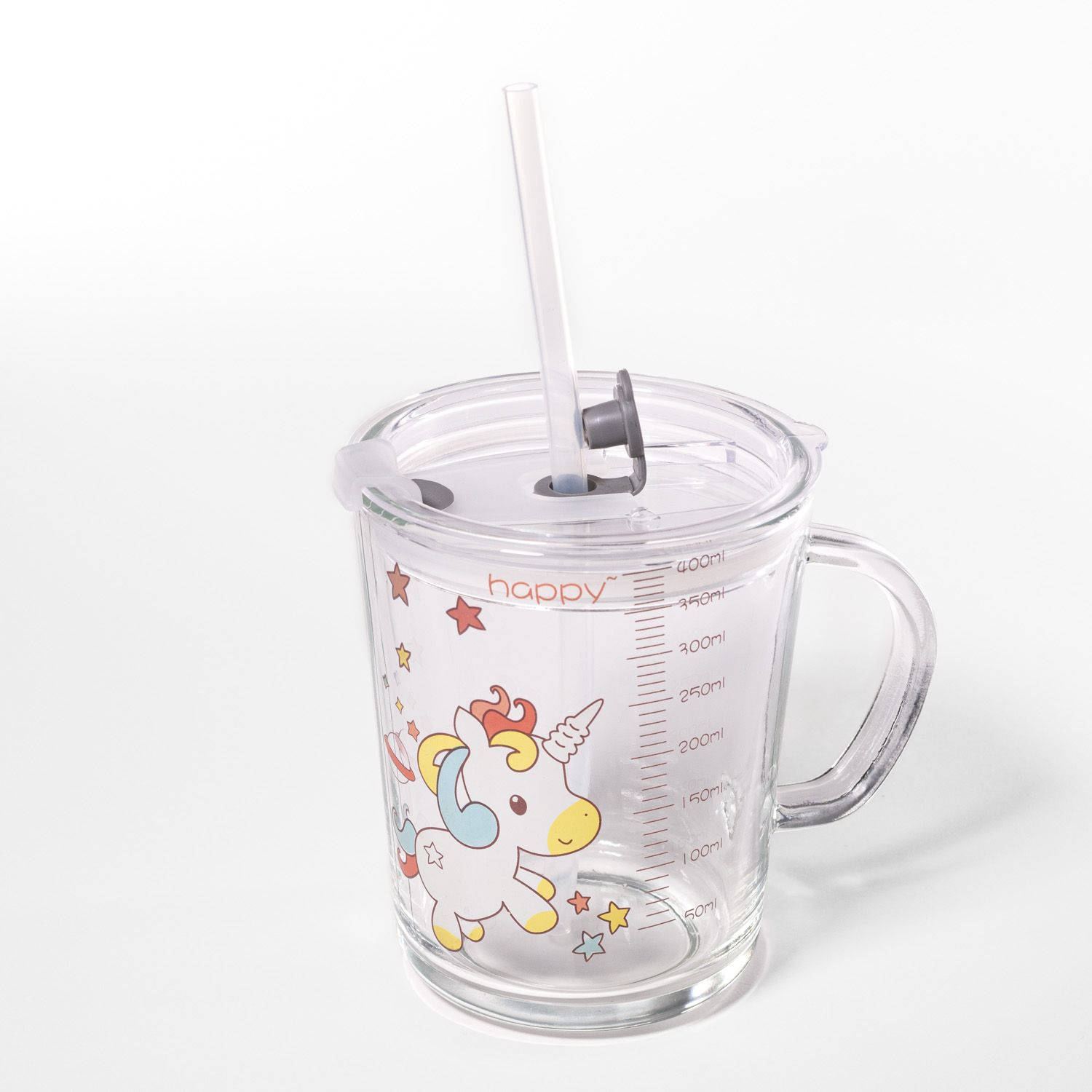 Intirilife Doorschijnende kinderbeker met deksel, schaal en rietje met Eenhoorn ontwerp - 400 ml - Drinkglas met handvat, met schattig motief, veilig drinken zonder morsen