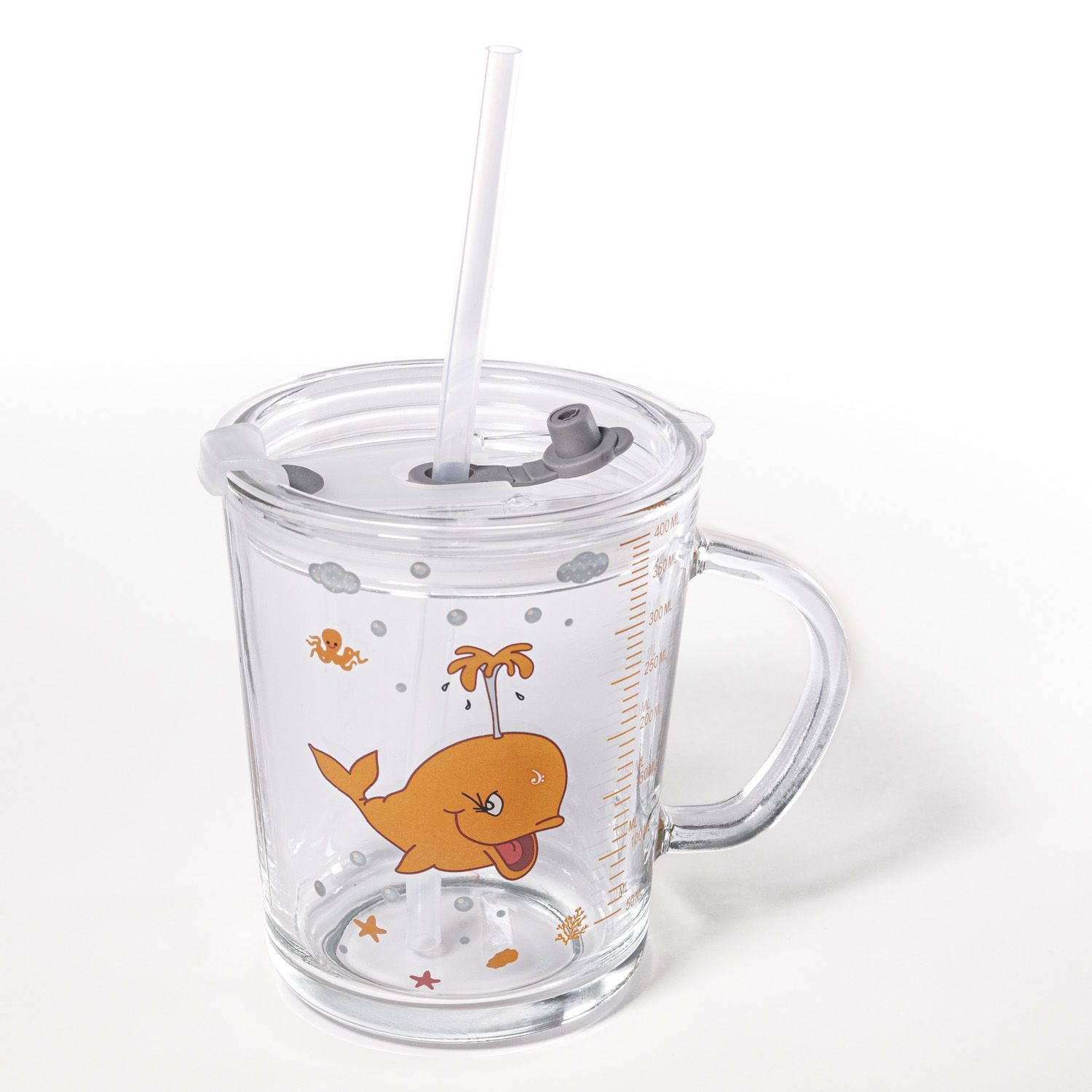 Intirilife Doorschijnende kinderbeker met deksel, schaal en rietje met Walvis ontwerp - 400 ml - Drinkglas met handvat, met schattig motief, veilig drinken zonder morsen