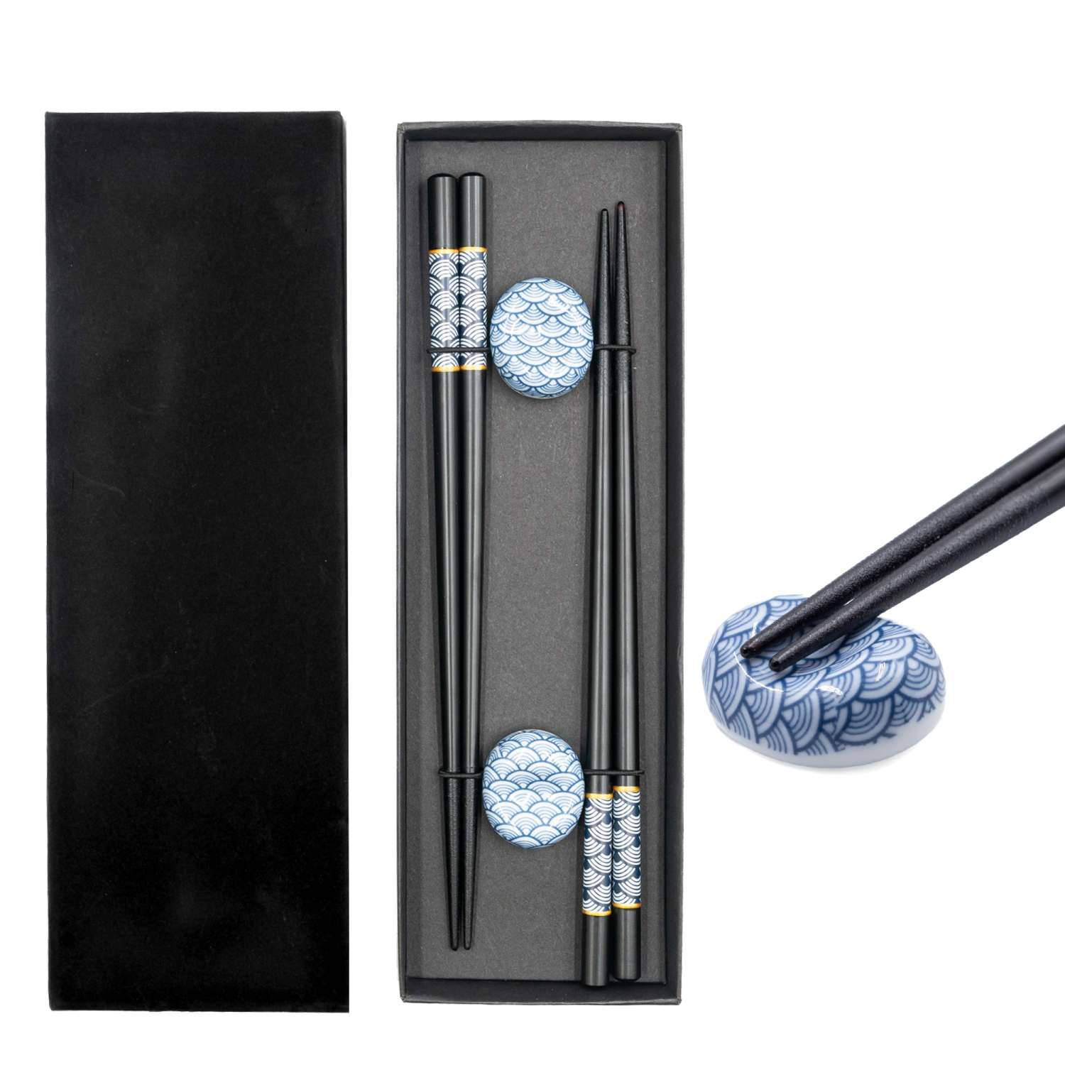 Intirilife Eetstokjes Set in Zwart met Blauw waaierspatroon - 2 paar eetstokjes 22.7 cm lengte met 2 eetstokjeshouders 3.5x2.8x1.4 cm - Herbruikbare Sushi Eetstokjes Chinees Japans