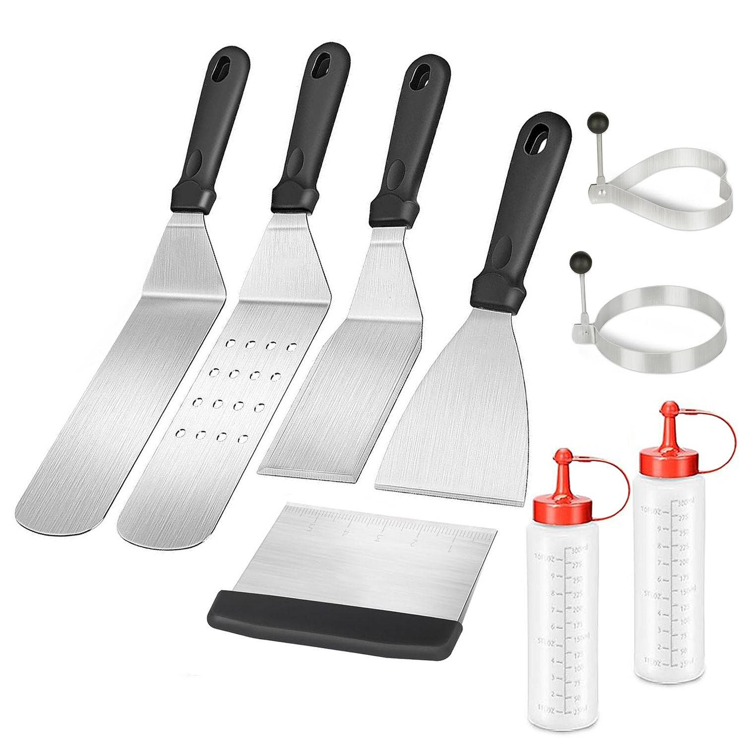 Intirilife 9-delige grillgereedschapset van roestvrij staal - 2 spatels, 2 flessen, 2 eiringen, 1 hamburgerwender, 1 schraper en 1 deegkaart, BBQ-accessoires voor tuin, camping, gr