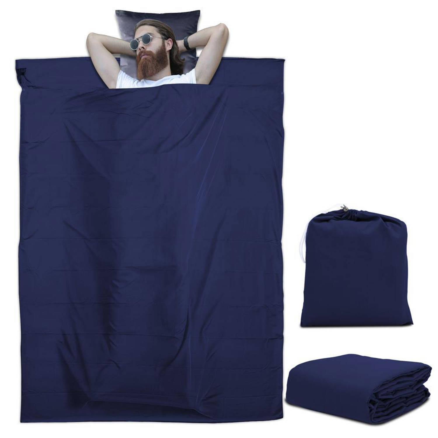 Intirilife polyester slaapzak 115 cm x 210 cm in donkerblauw - lichtgewicht reislaken met opbergtas