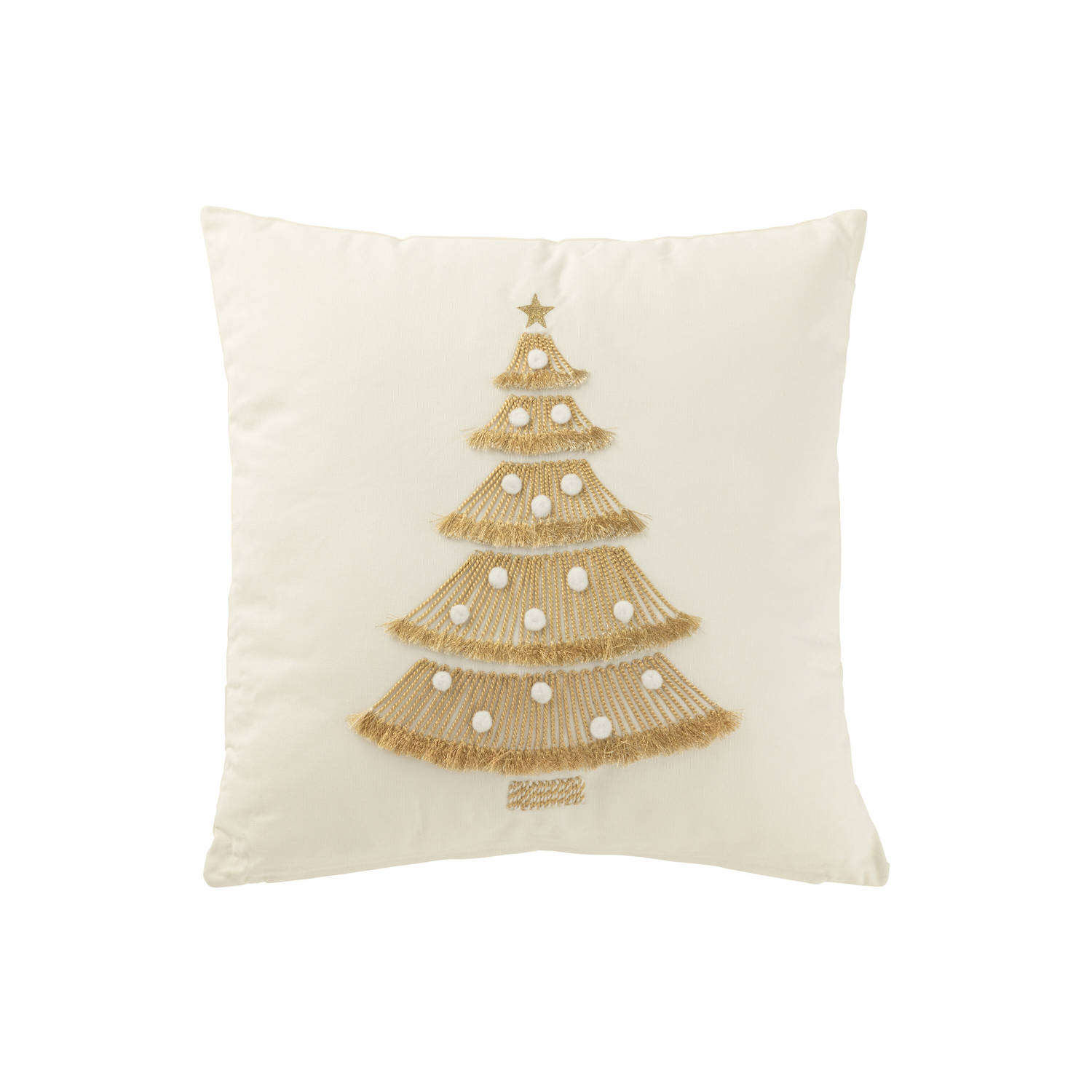 J-line - Kussen Kerstboom Franjes+pompoms Katoen Wit/goud - 45x45x12cm